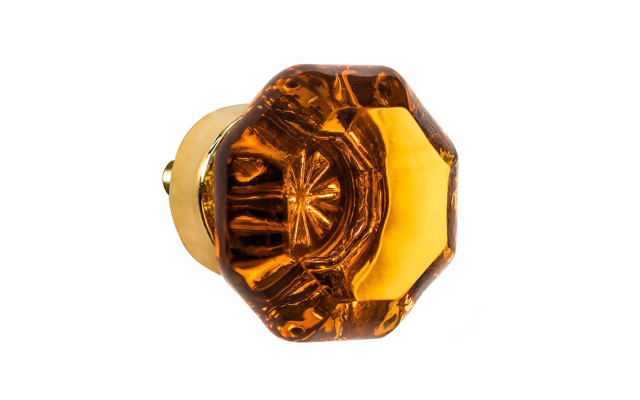 Octagonal "Light Amber" Glass Cabinet Knob with Unlaquered Brass