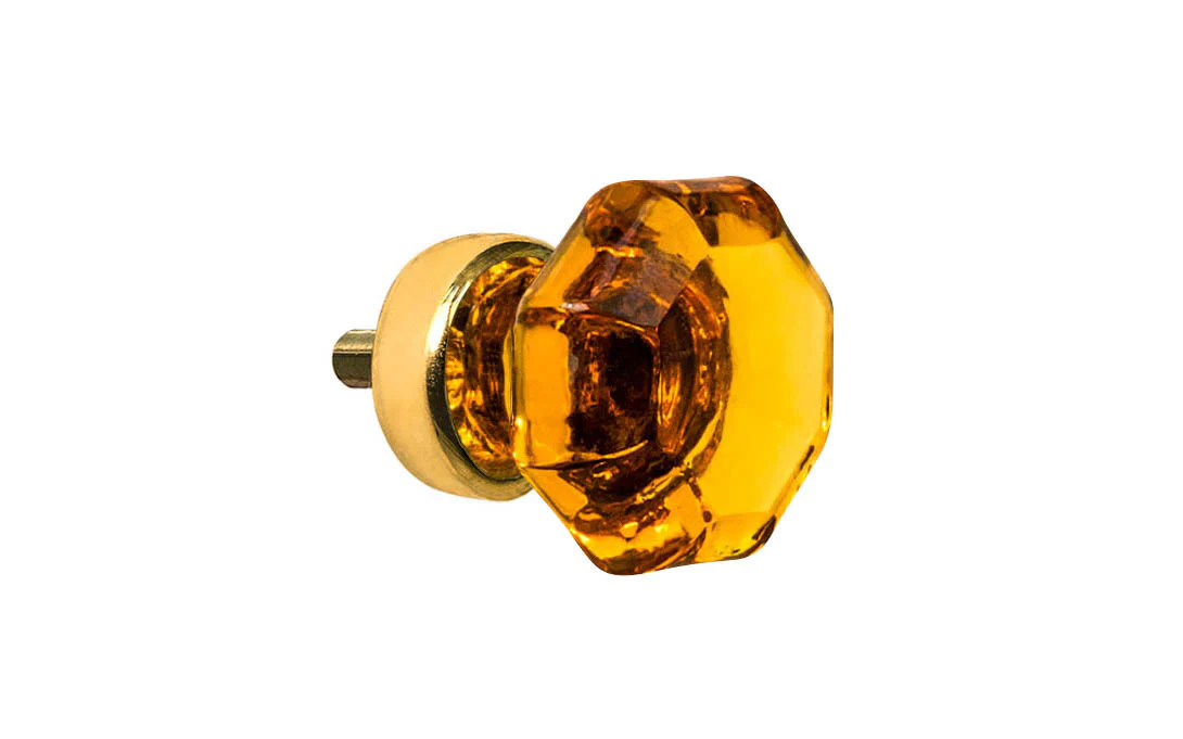 Octagonal "Light Amber" Glass Cabinet Knob with Unlaquered Brass - Image 2