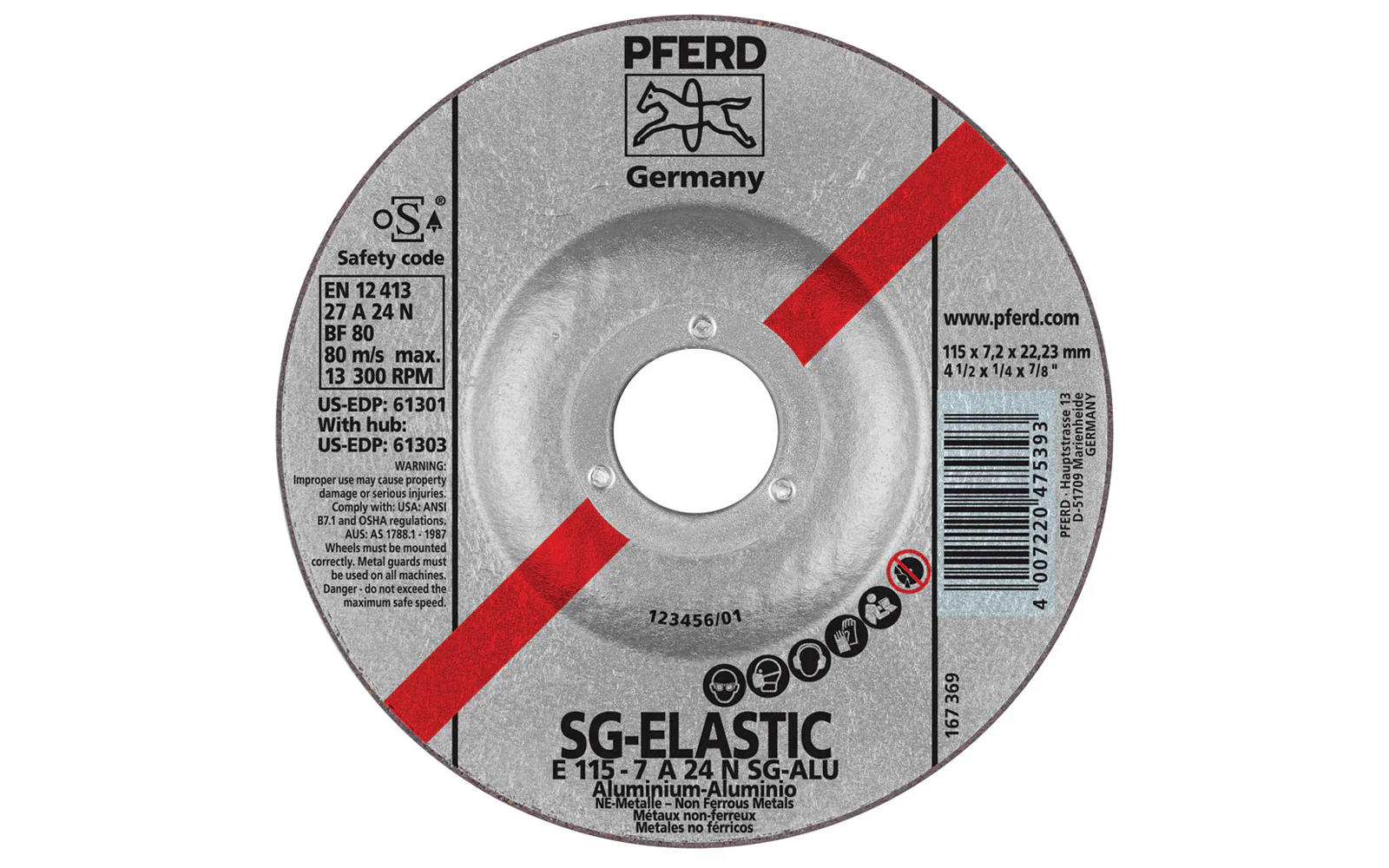 Pferd 4-1/2" Aluminum Grinding Wheel - 1/4" Thick ~ 7/8" Arbor