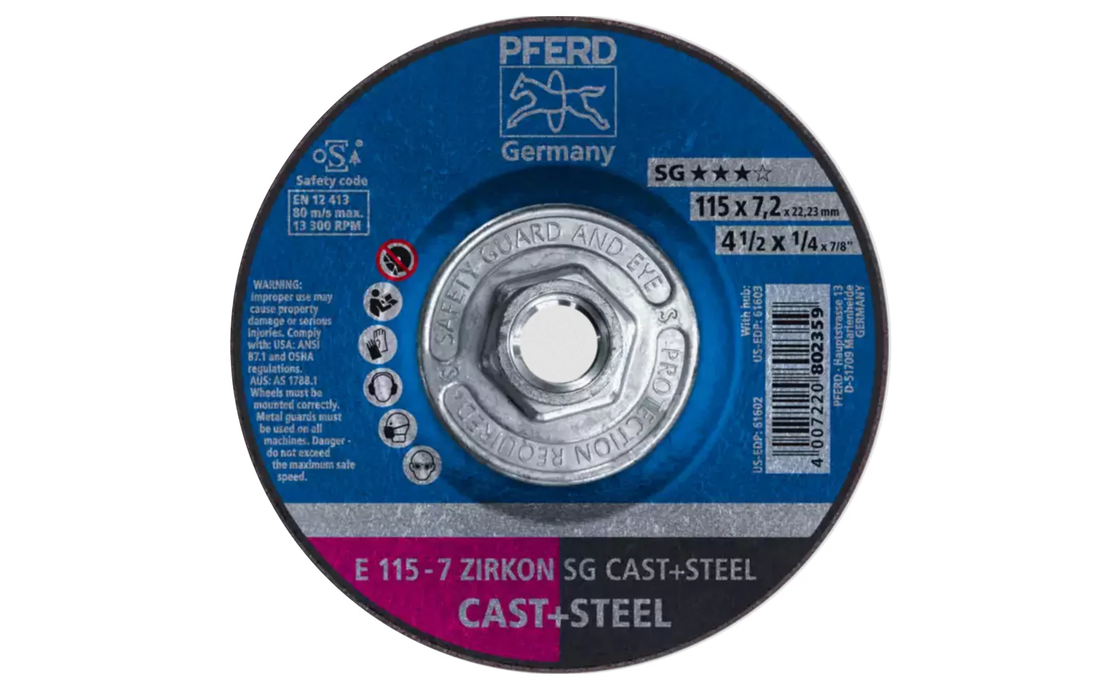 Pferd 4-1/2" Zirconium Grinding Wheel - 1/4" Thick ~ 5/8-11 Thread
