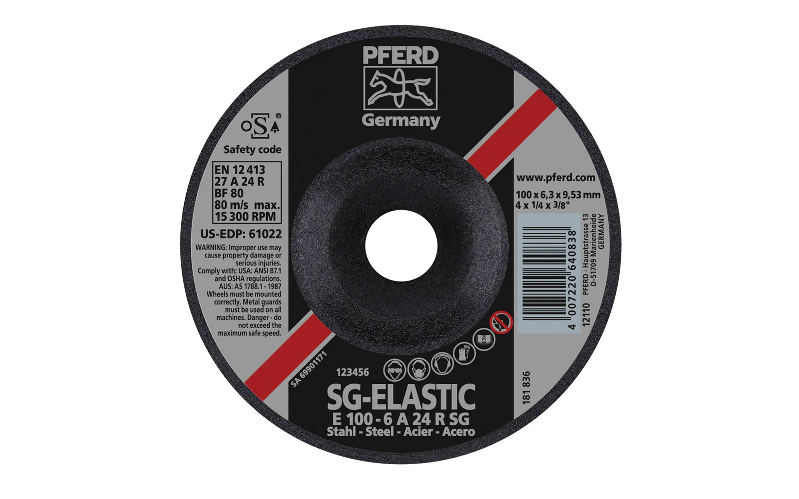 Pferd 4" Grinding Wheel - 1/4" Thick ~ 3/8" Arbor