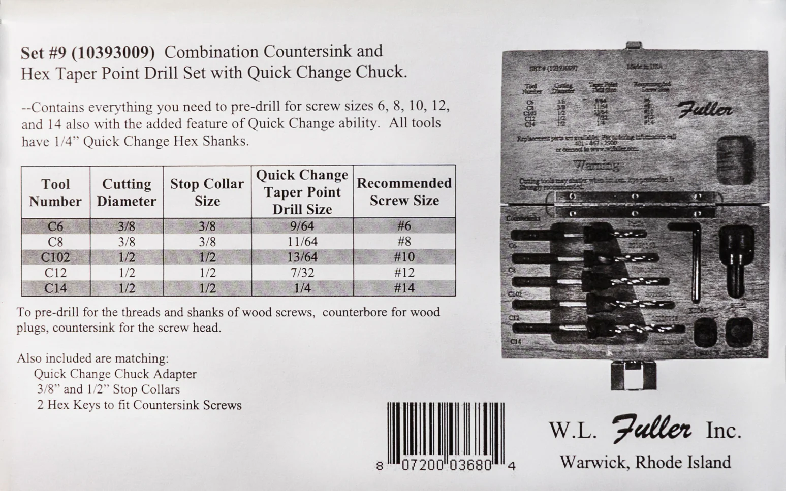 W.L. Fuller No. 9 Set - Countersink & Tapered Drill Bit Set ~ 10393009 - Image 8