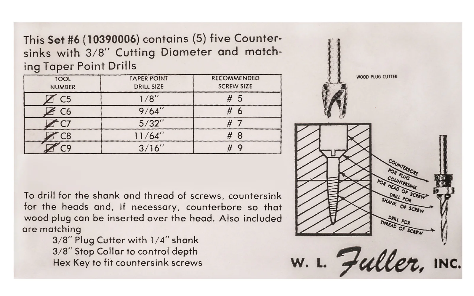 WL Fuller No. 6 Set - Countersink & Tapered Drill Bit Set ~ 10390006 - Image 4